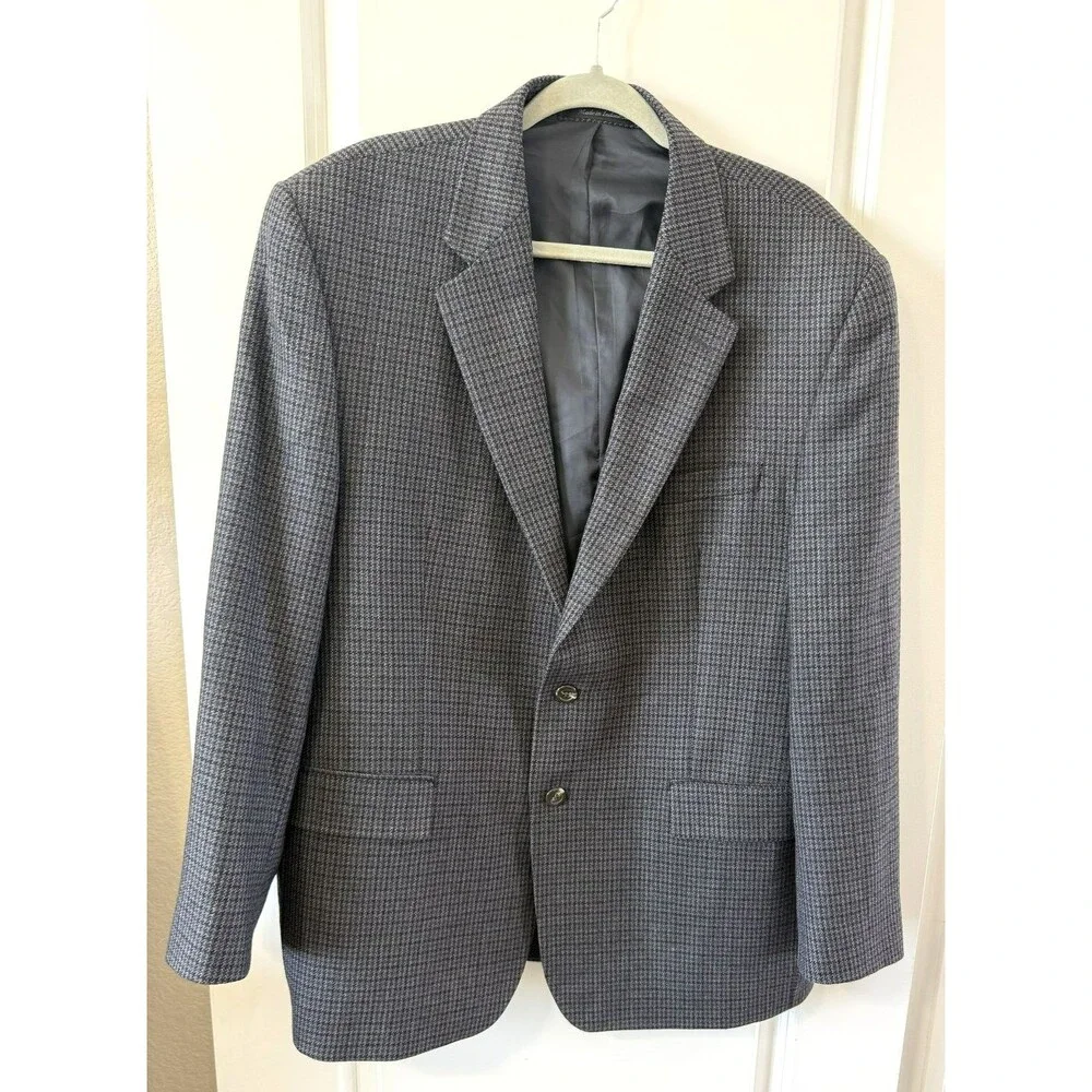 Vtg Chaps Ralph Lauren 44R Blue Gray Houndstooth Wool Tweed Old Money Blazer